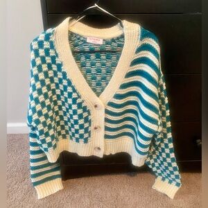 Butter Melon Teal & Cream Checker Knit V-Neck Cardigan